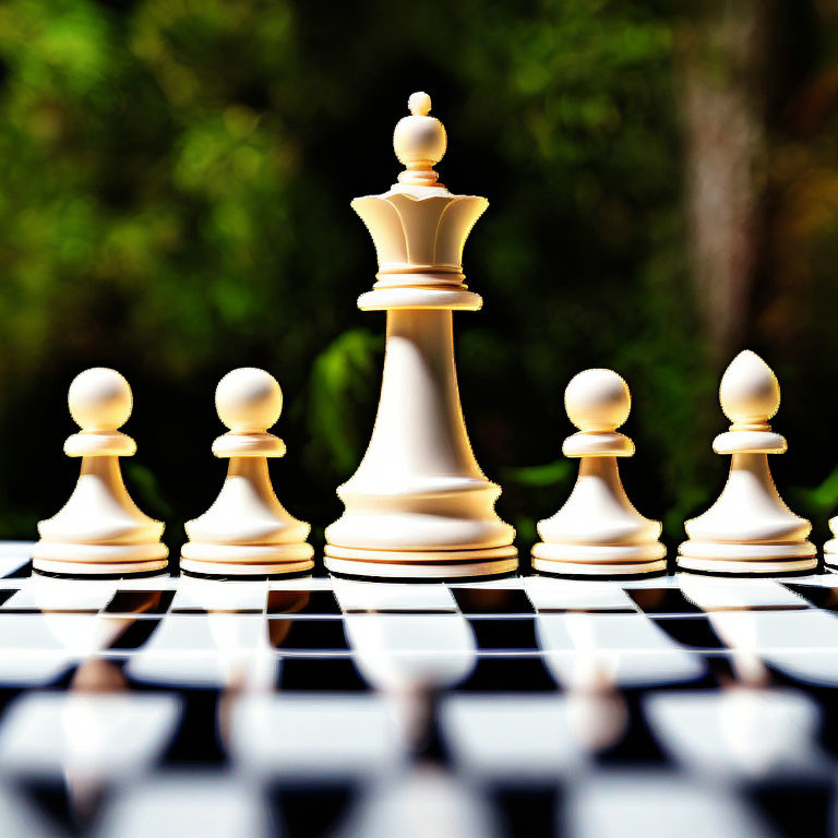 White Queen Chess Piece Surrounded by Pawns on Checkered Board