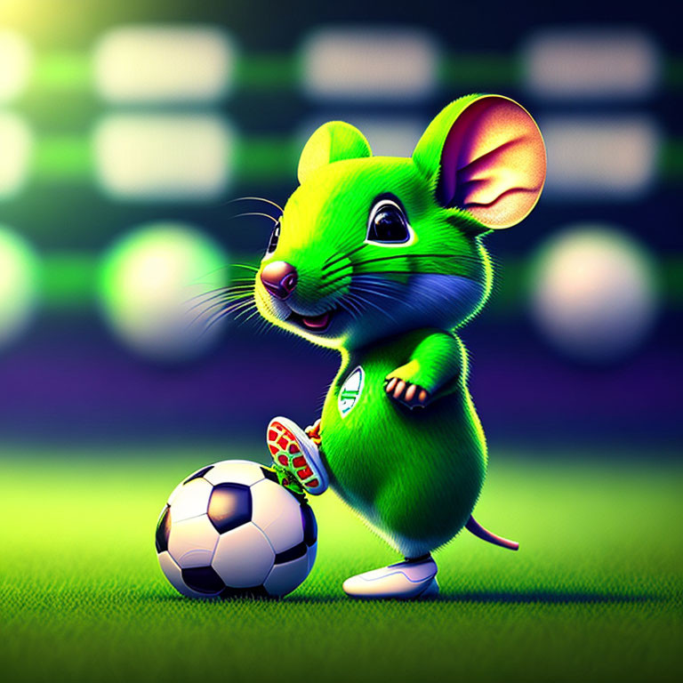 Cartoon Mouse Playing Soccer on Field with Stadium Lights