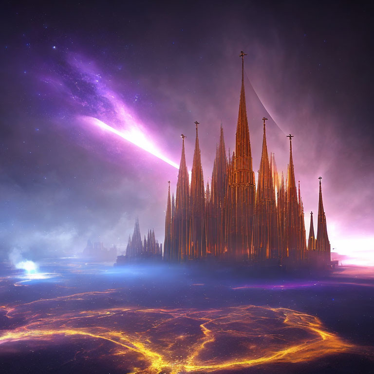 Fantastical cathedral in cosmic setting with glowing nebulae and vivid colors