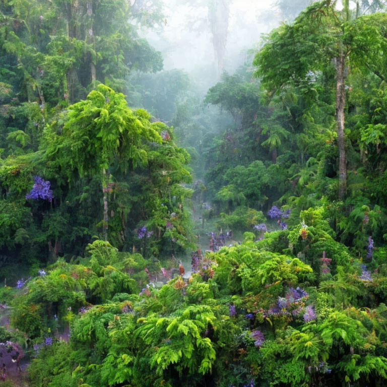 Mystical forest with purple flowers in foggy ambiance