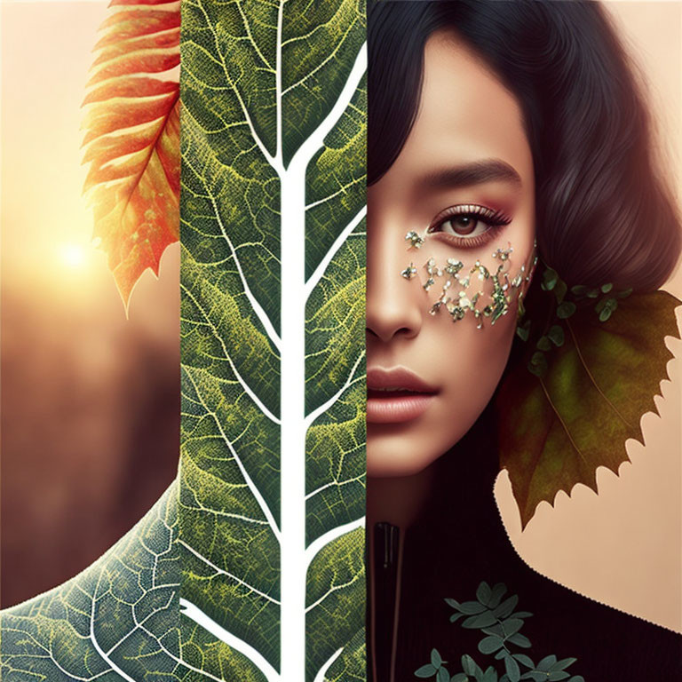 Woman's face blended with leaf structure, adorned with leaf jewelry on autumnal background