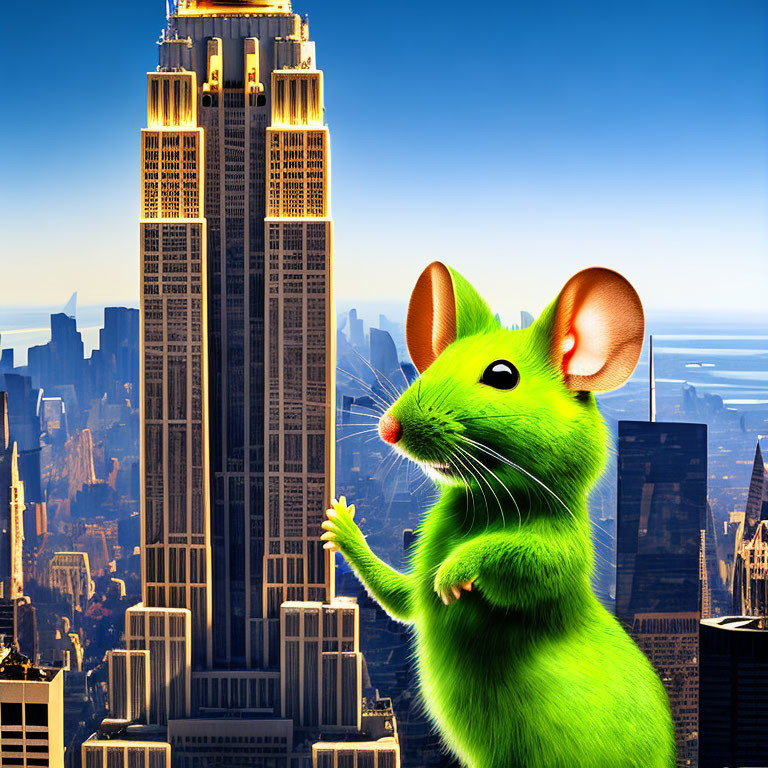 Smiling cartoon mouse at Empire State Building under clear blue sky