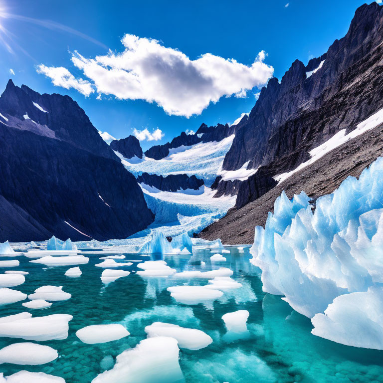 Scenic glacial landscape with blue icebergs, mountains, and glacier