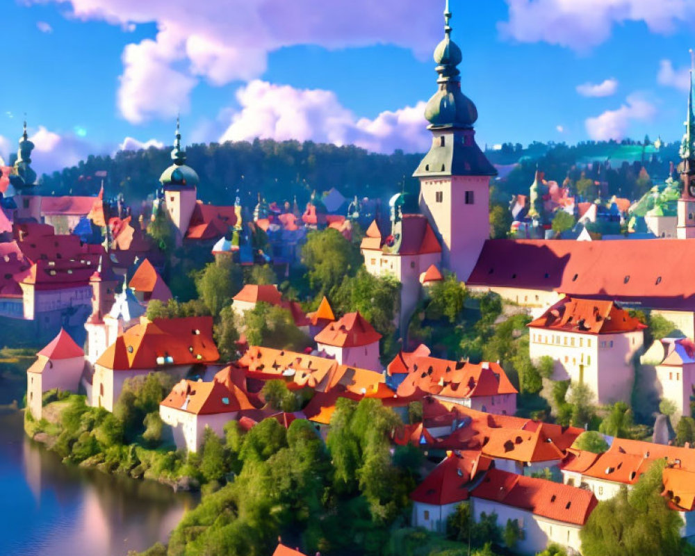 Picturesque fairy-tale town with red-roofed houses and spires by a river