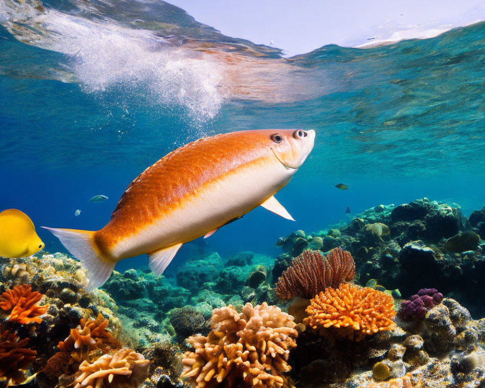 Colorful Fish Swimming in Sunlit Underwater Coral Reef