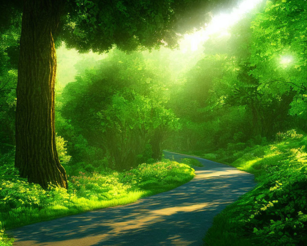 Sunlit Forest Path Through Lush Greenery