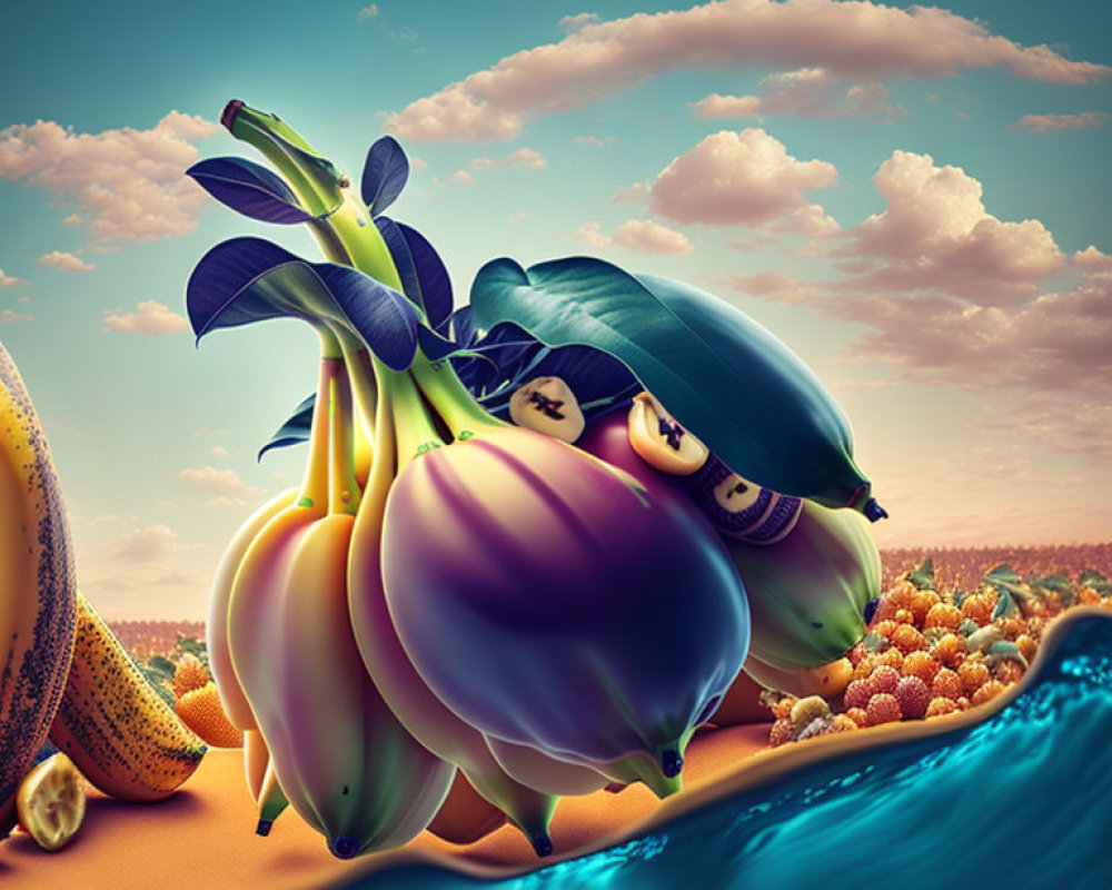 Anthropomorphic Fruit Illustration with Banana Dolphins and Eggplant Whale