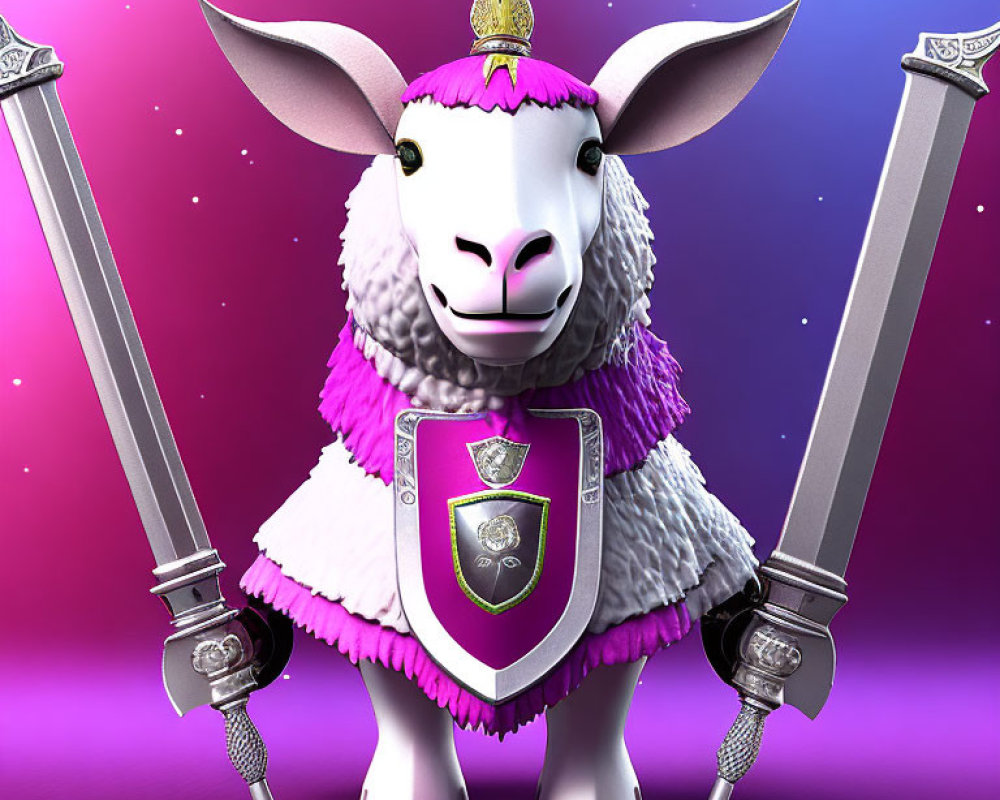 Whimsical 3D illustration of anthropomorphic sheep knight with unicorn horn