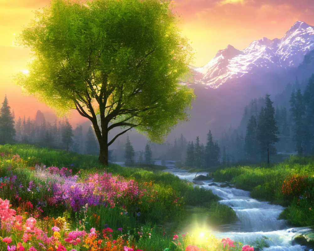 Colorful landscape with lone tree, flowers, stream, mountains