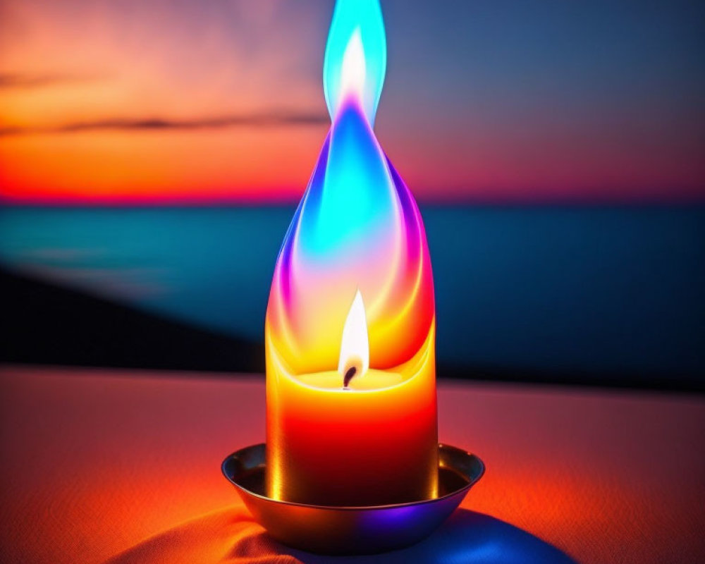 Colorful Candle Flame Against Ocean Sunset Sky