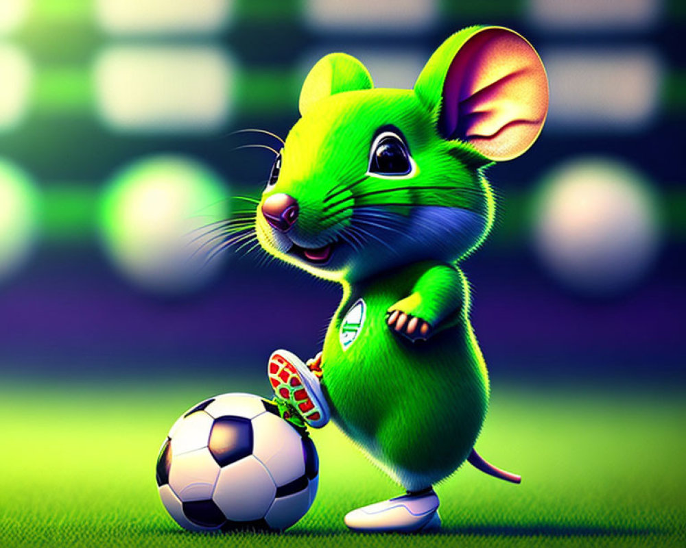 Cartoon Mouse Playing Soccer on Field with Stadium Lights