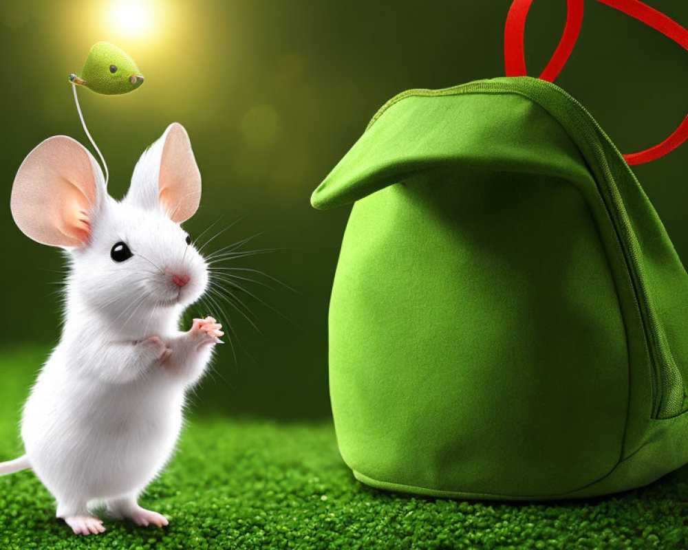 White Mouse and Bird with Leaf Next to Green Backpack