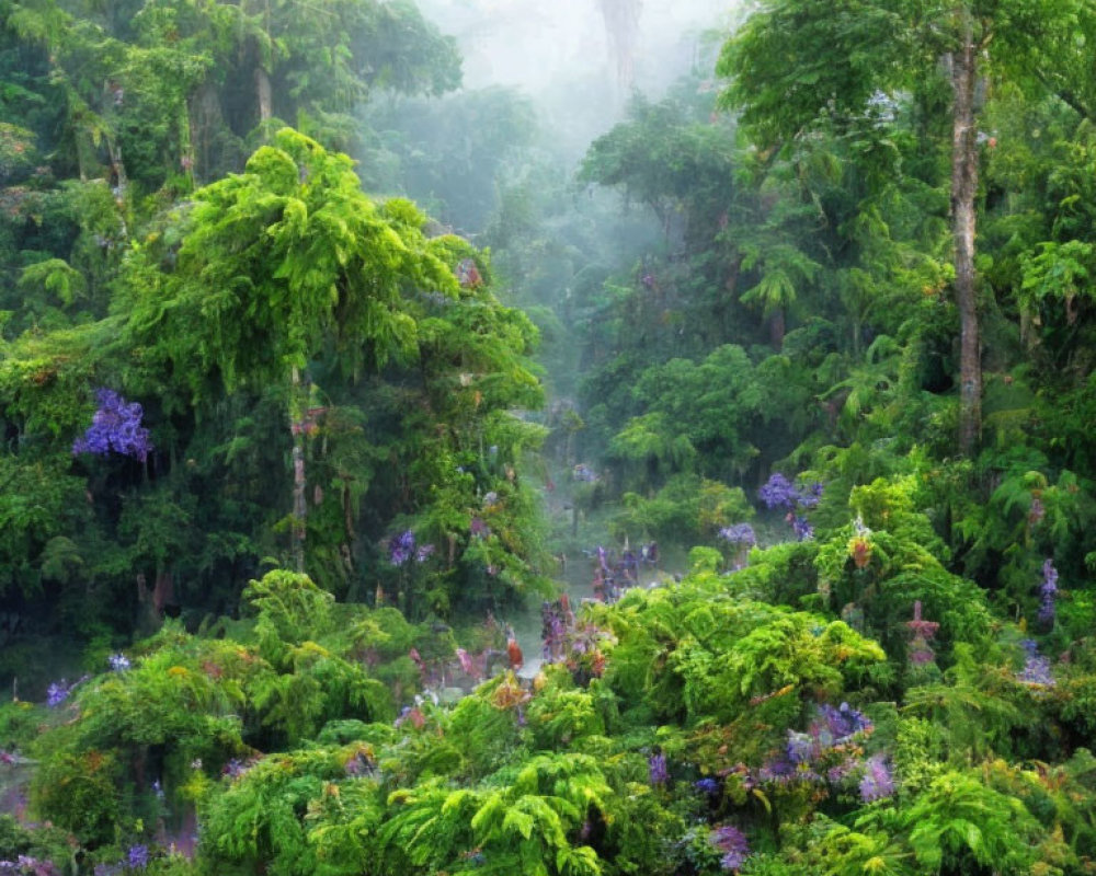 Mystical forest with purple flowers in foggy ambiance