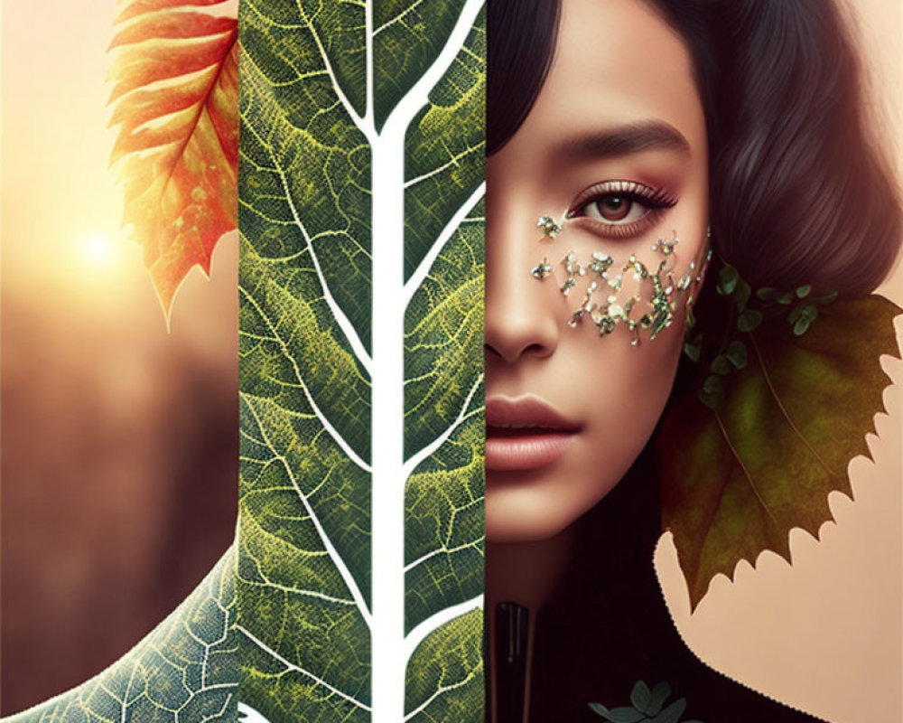 Woman's face blended with leaf structure, adorned with leaf jewelry on autumnal background