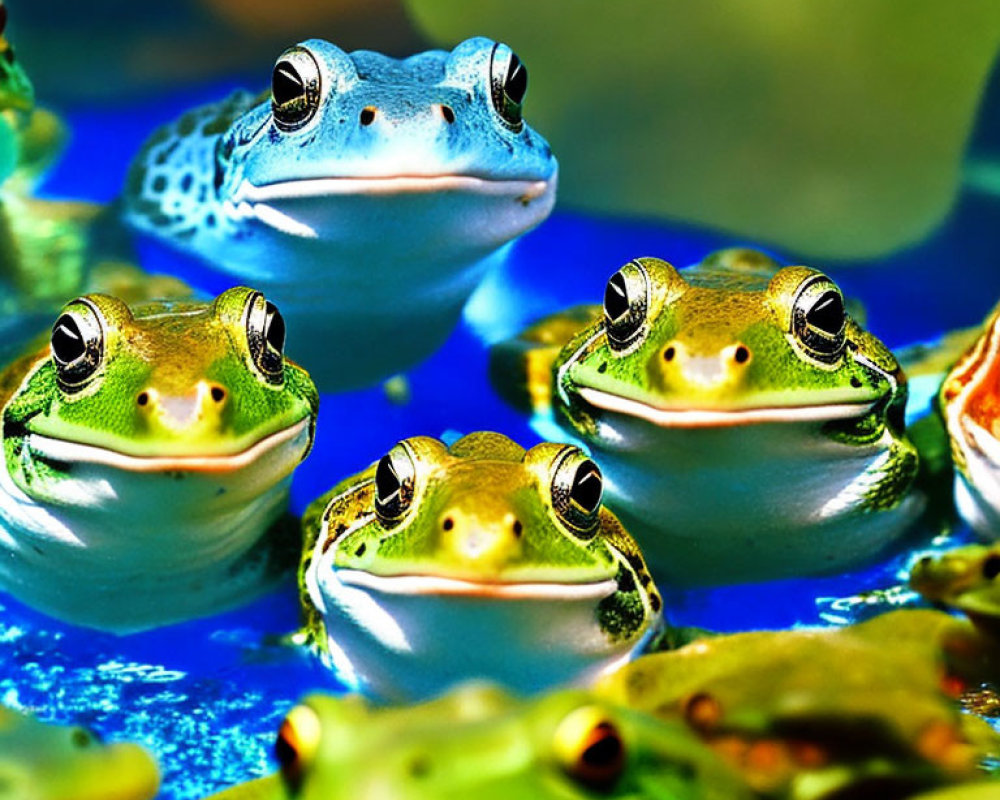 Colorful Frogs Floating on Water: Prominent Blue Frog with Green Peers