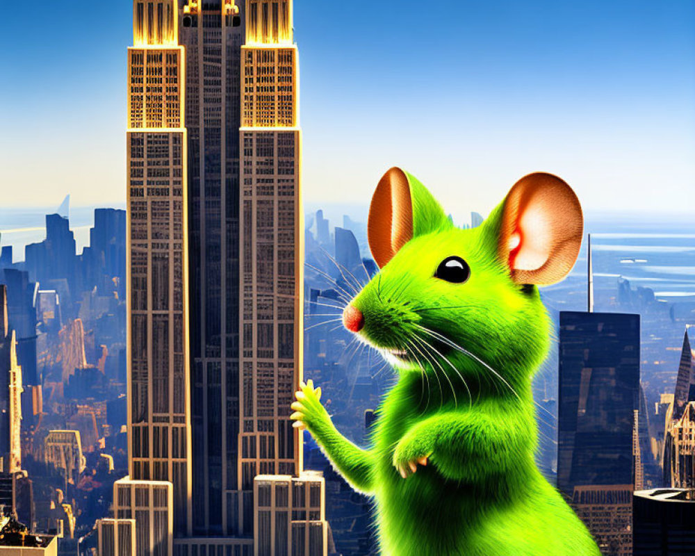 Smiling cartoon mouse at Empire State Building under clear blue sky