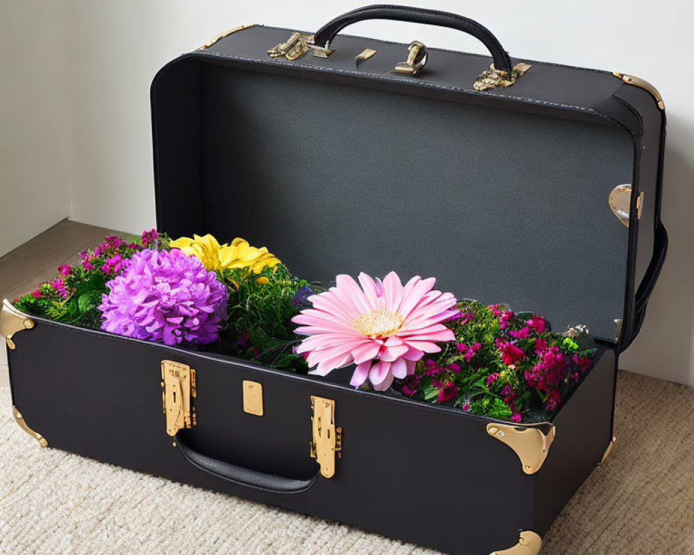 Colorful Flowers in Open Black Suitcase with Gold Hardware