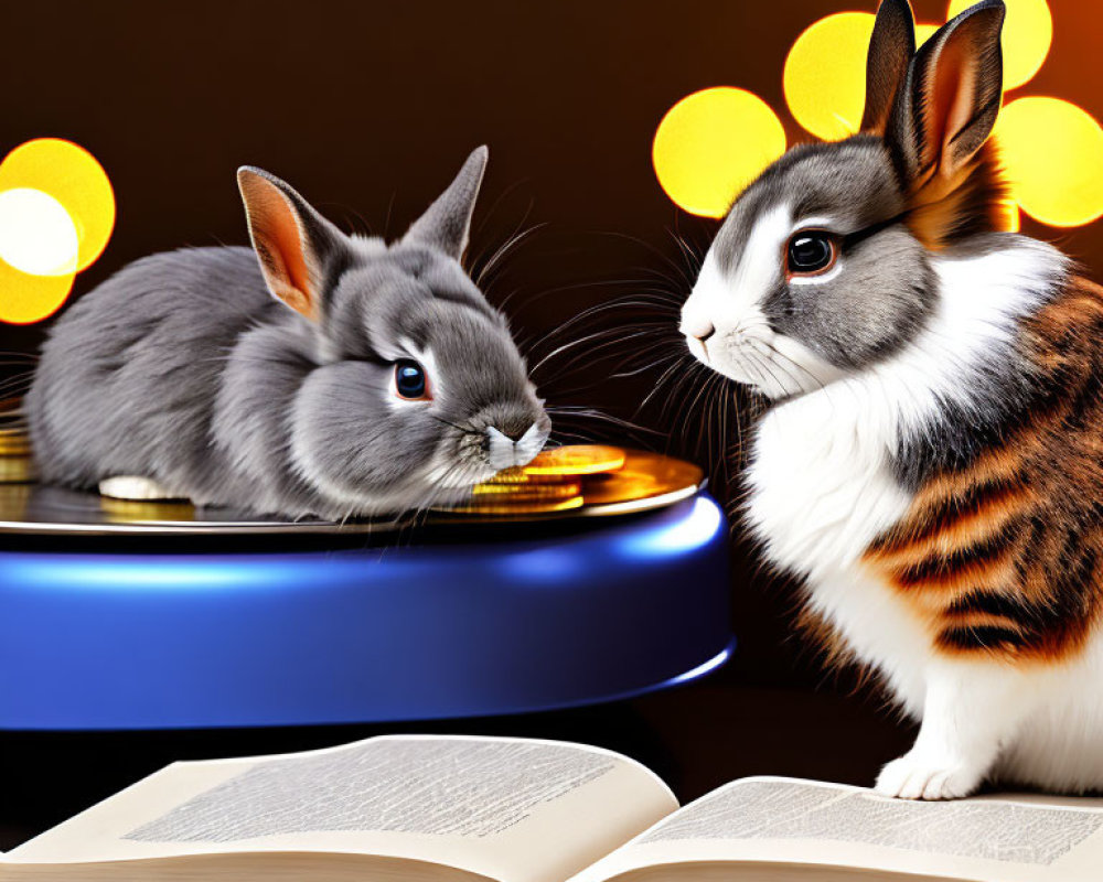 Rabbits with open book and vinyl record on bokeh background