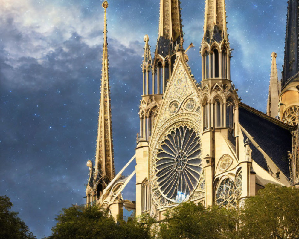 Gothic Cathedral with Illuminated Spires and Rose Window at Dusk