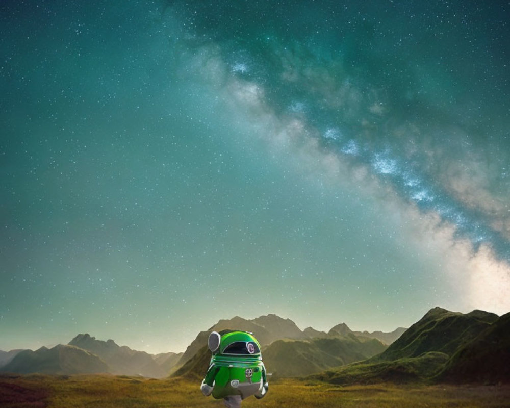 Animated astronaut in green spacesuit floats over meadow with mountain backdrop.