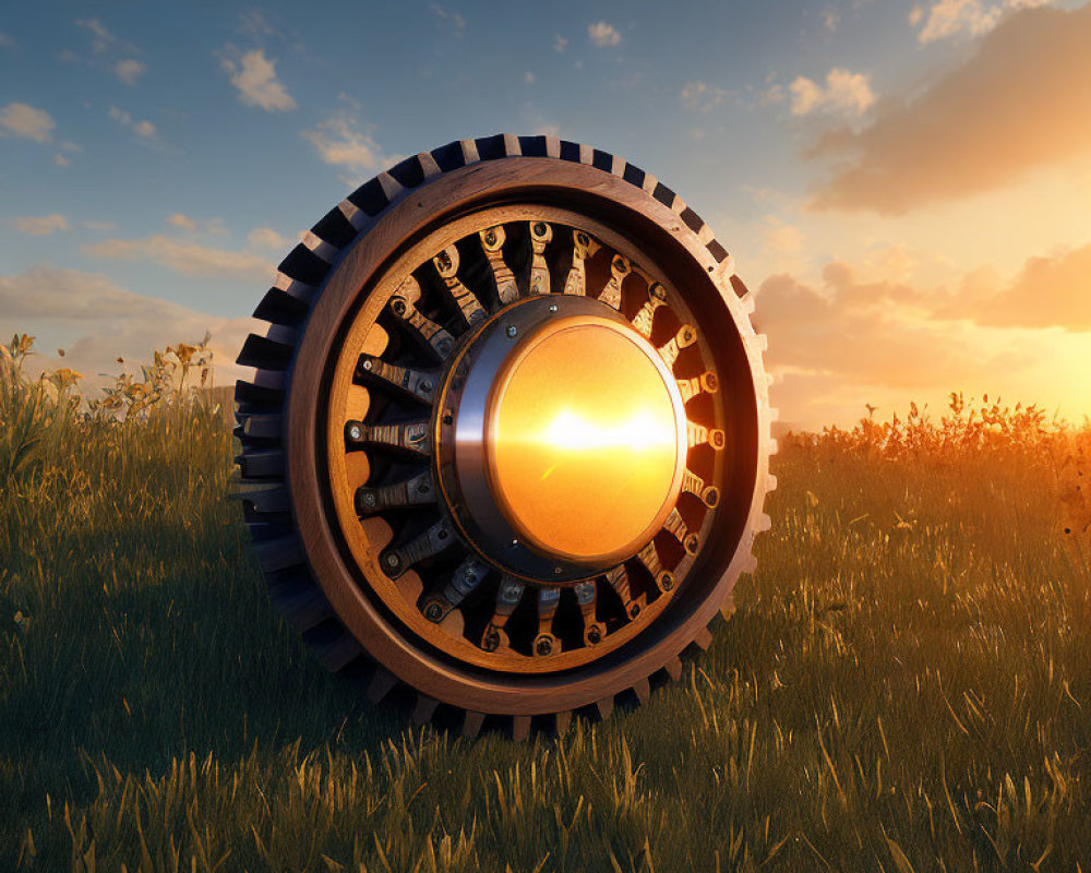 Detailed Metallic Gear Standing Upright in Grass Field at Sunset