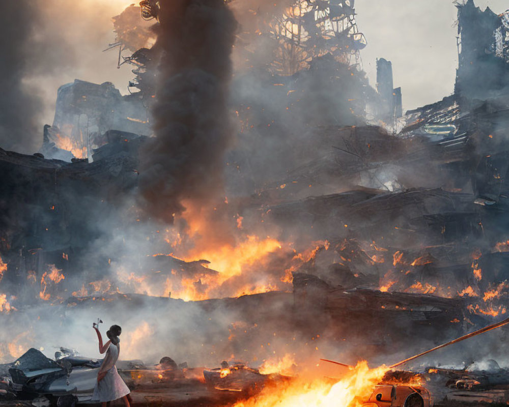 Ballerina in white dress poses among fiery ruins and smoke