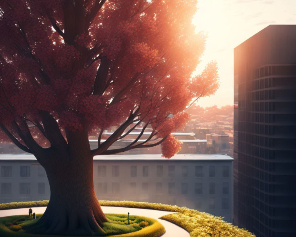 Vibrant pink tree in urban park at sunset