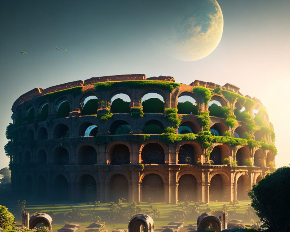 Futuristic Colosseum covered in vegetation under moon in golden hour