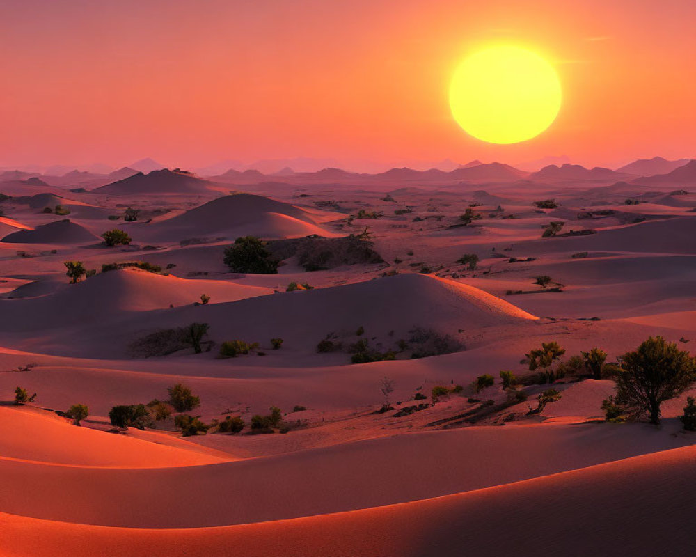 Vibrant desert sunset with large sun and smooth sand dunes