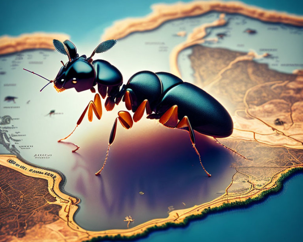 Detailed 3D ant illustration on stylized map with exaggerated features