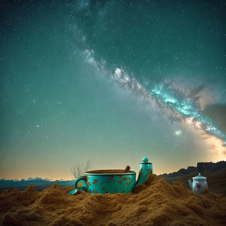 Oversized teacup and teapot in surreal sandy landscape under starry night sky