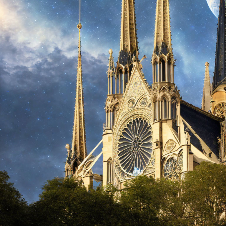 Gothic Cathedral with Illuminated Spires and Rose Window at Dusk