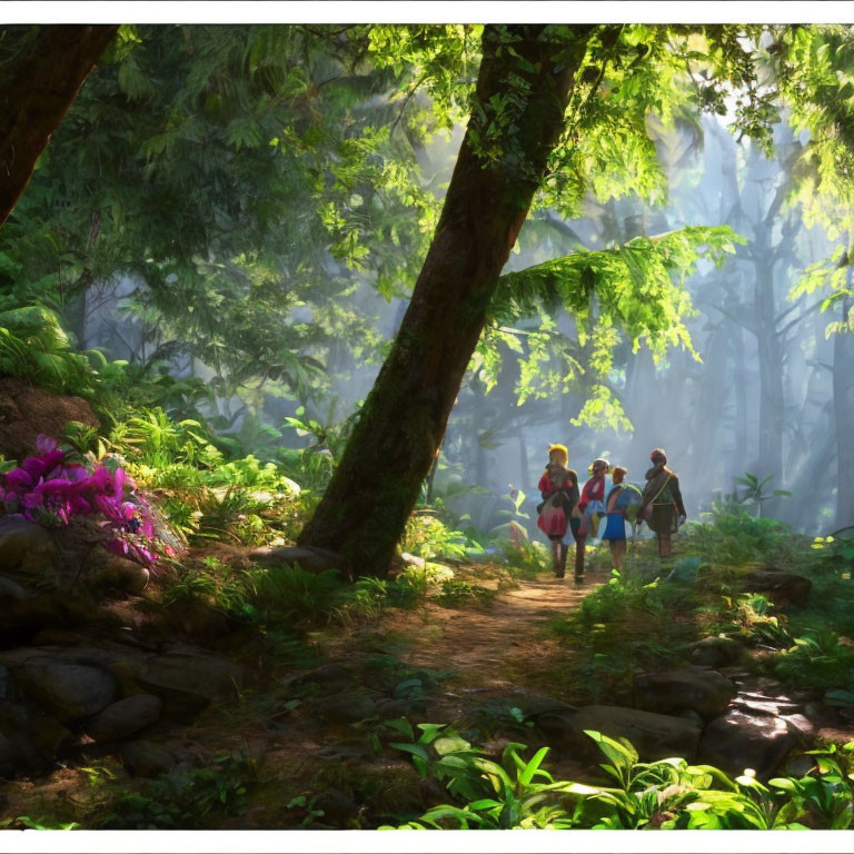 Animated characters stroll on forest path with vibrant green foliage and purple flowers.