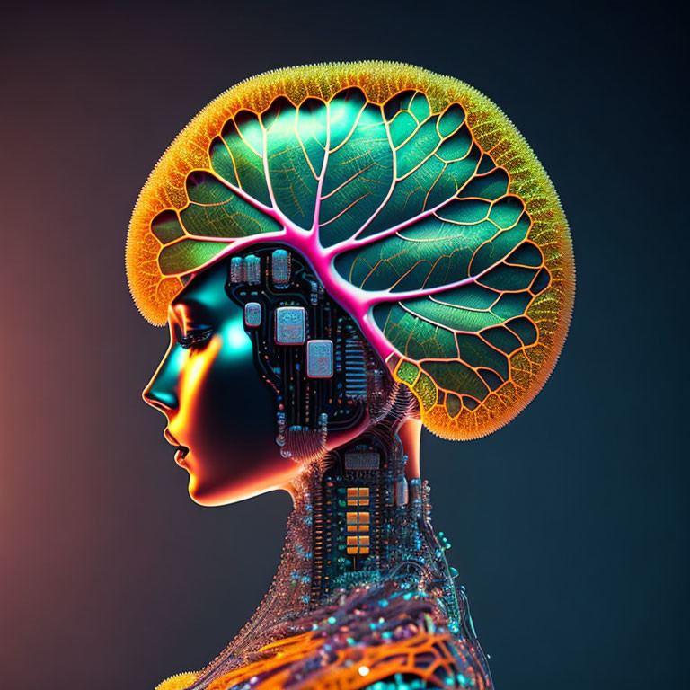 Digital art: Human-machine blend with tree brain and circuitry profile