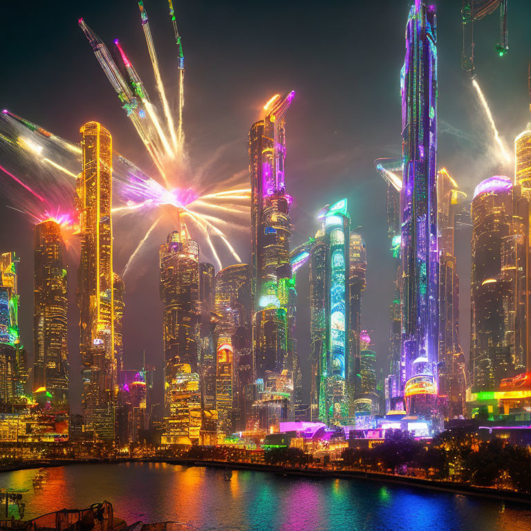 Colorful Nighttime Cityscape with Skyscrapers and Fireworks Display