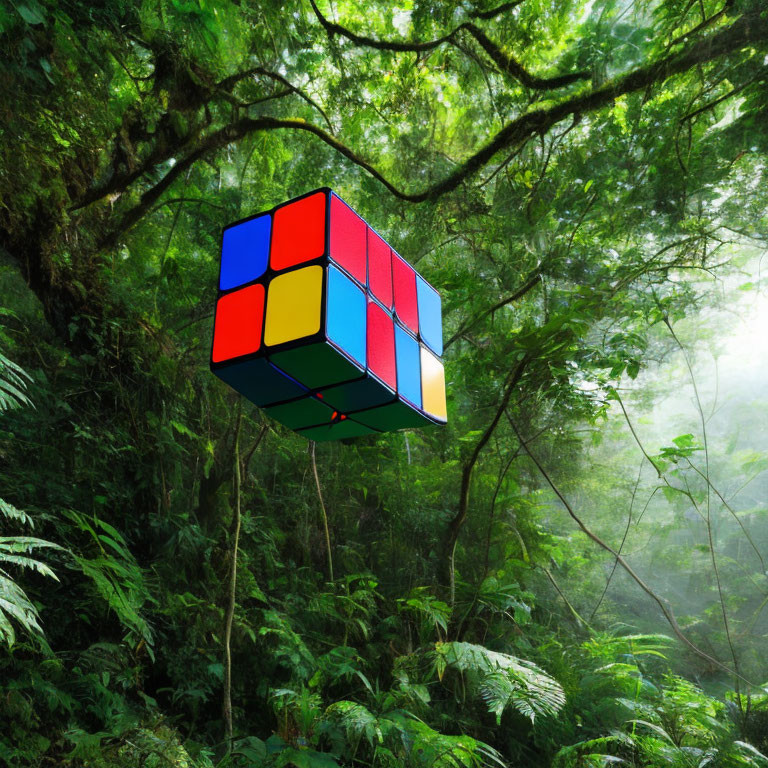 Vibrant Rubik's Cube in Green Forest with Sunbeams