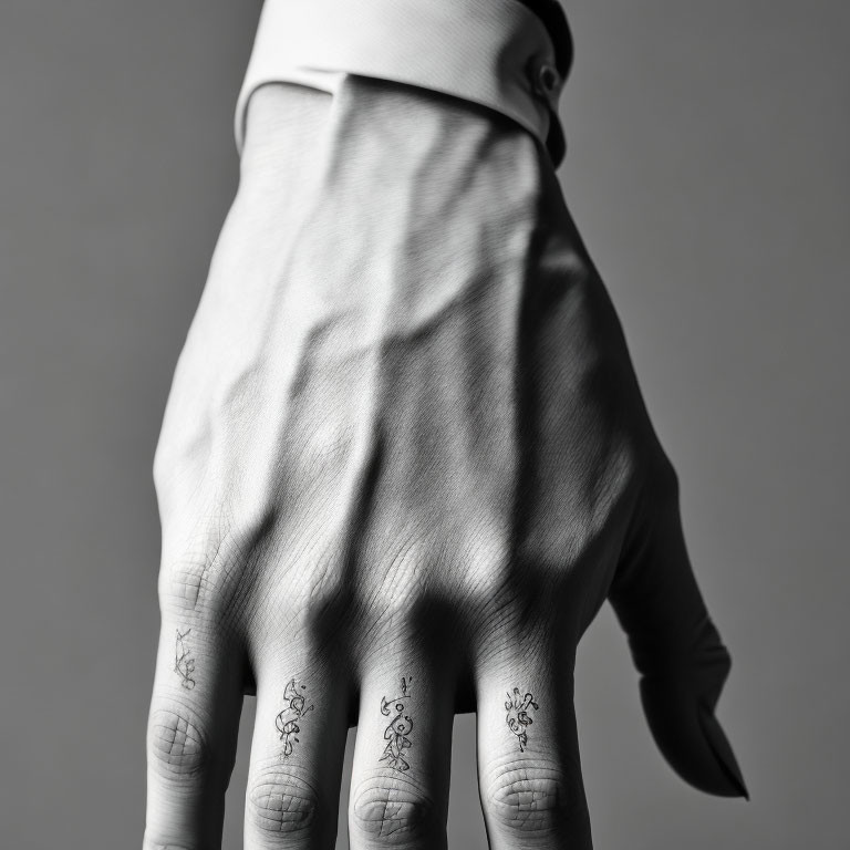 Monochrome photograph of hand with finger tattoos on solid background