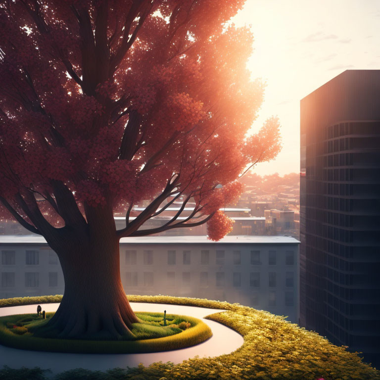 Vibrant pink tree in urban park at sunset