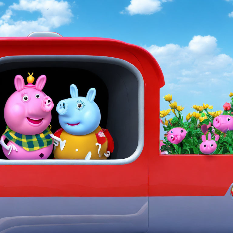 Smiling Pig Characters in Red Vehicle with Flowers and Blue Sky