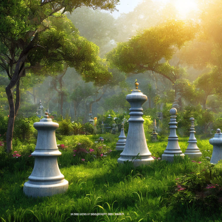 Sunlit garden with oversized chess pieces in lush greenery