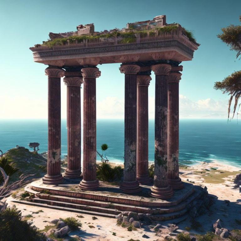 Ancient Greek temple ruins on coastal shore with clear blue sky.