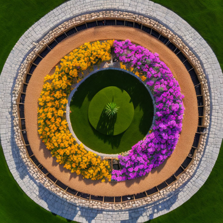 Circular Garden with Yellow and Purple Flowers Around Central Pond