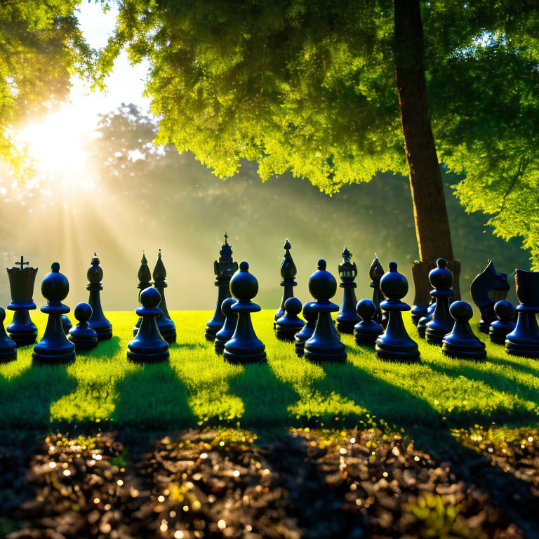 Chess Set on Sunlit Forest Path with Long Shadows