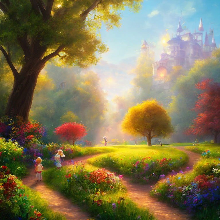 Sunlit Path Through Vibrant Garden to Fairytale Castle with Playing Children