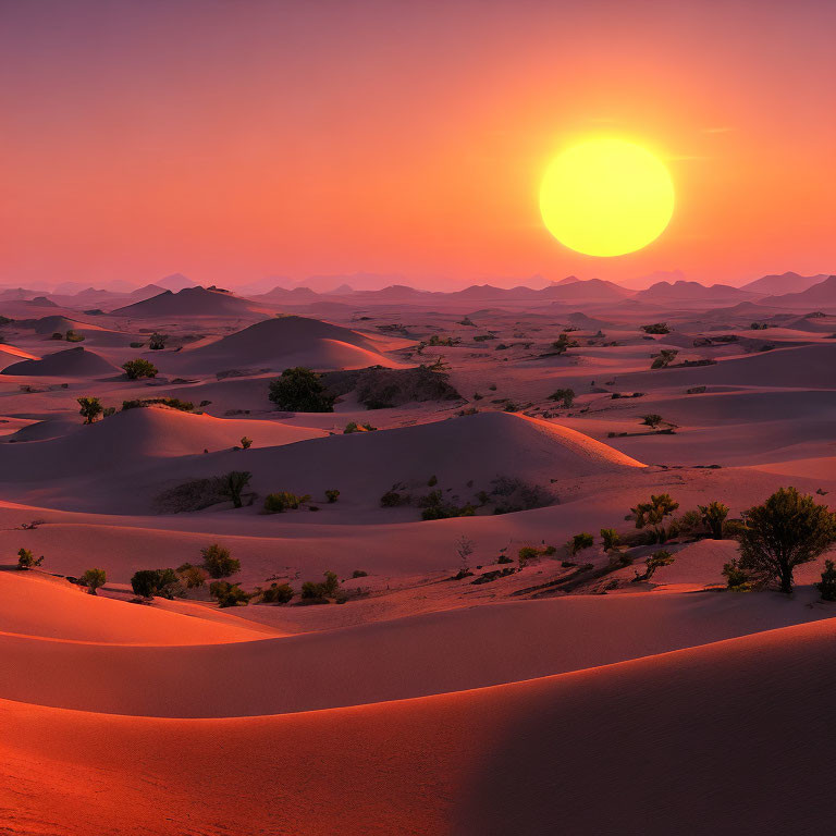 Vibrant desert sunset with large sun and smooth sand dunes