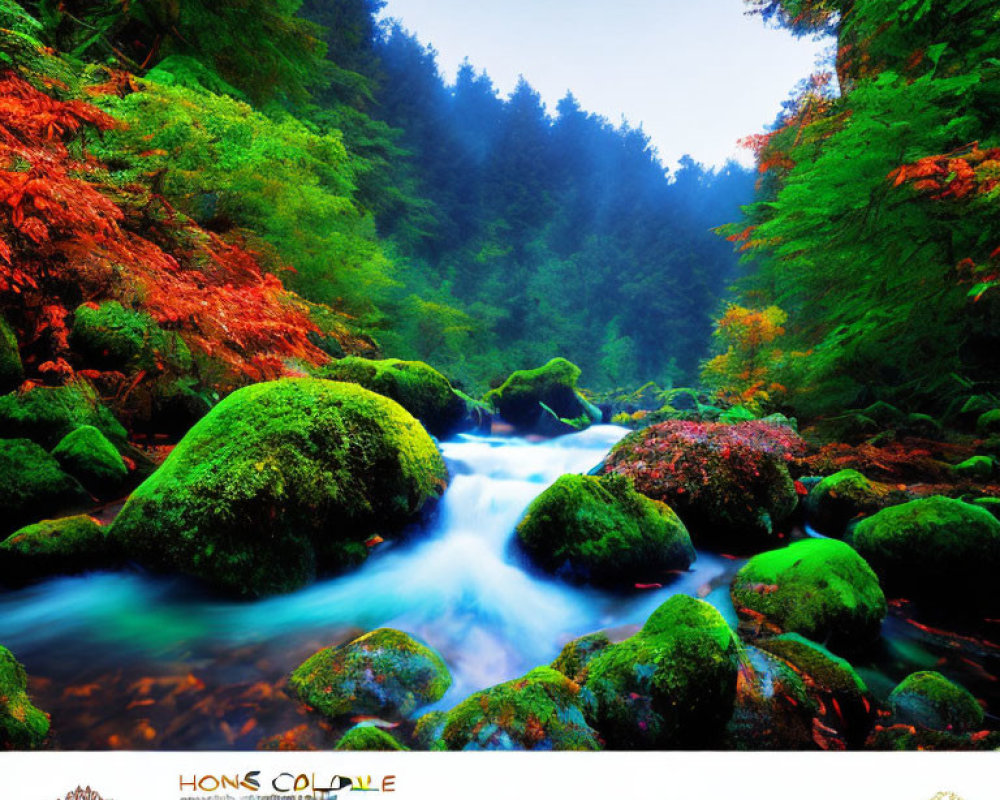 Tranquil river among moss-covered rocks in misty autumn forest