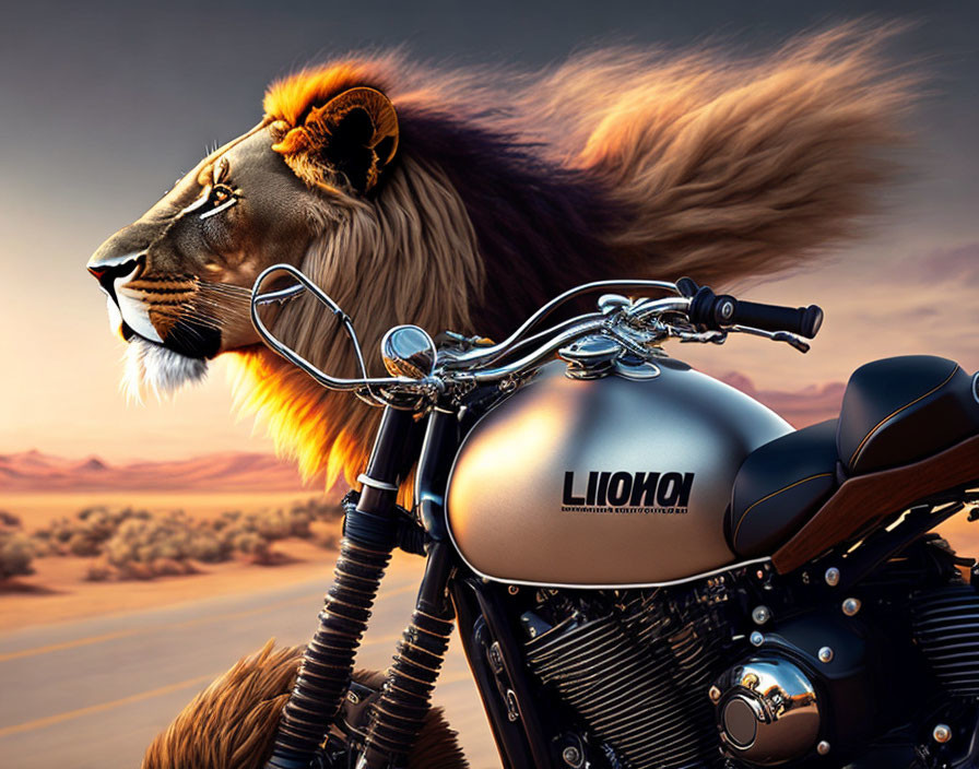 Digital artwork: Lion-motorcycle hybrid in desert landscape