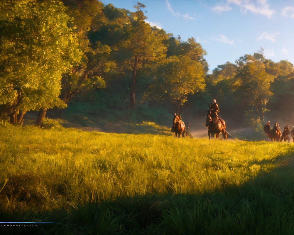 Horseback Riders in Sunlit Meadow with Lush Trees