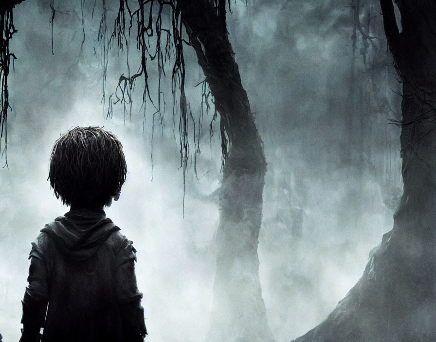 Child in eerie misty forest with bare trees