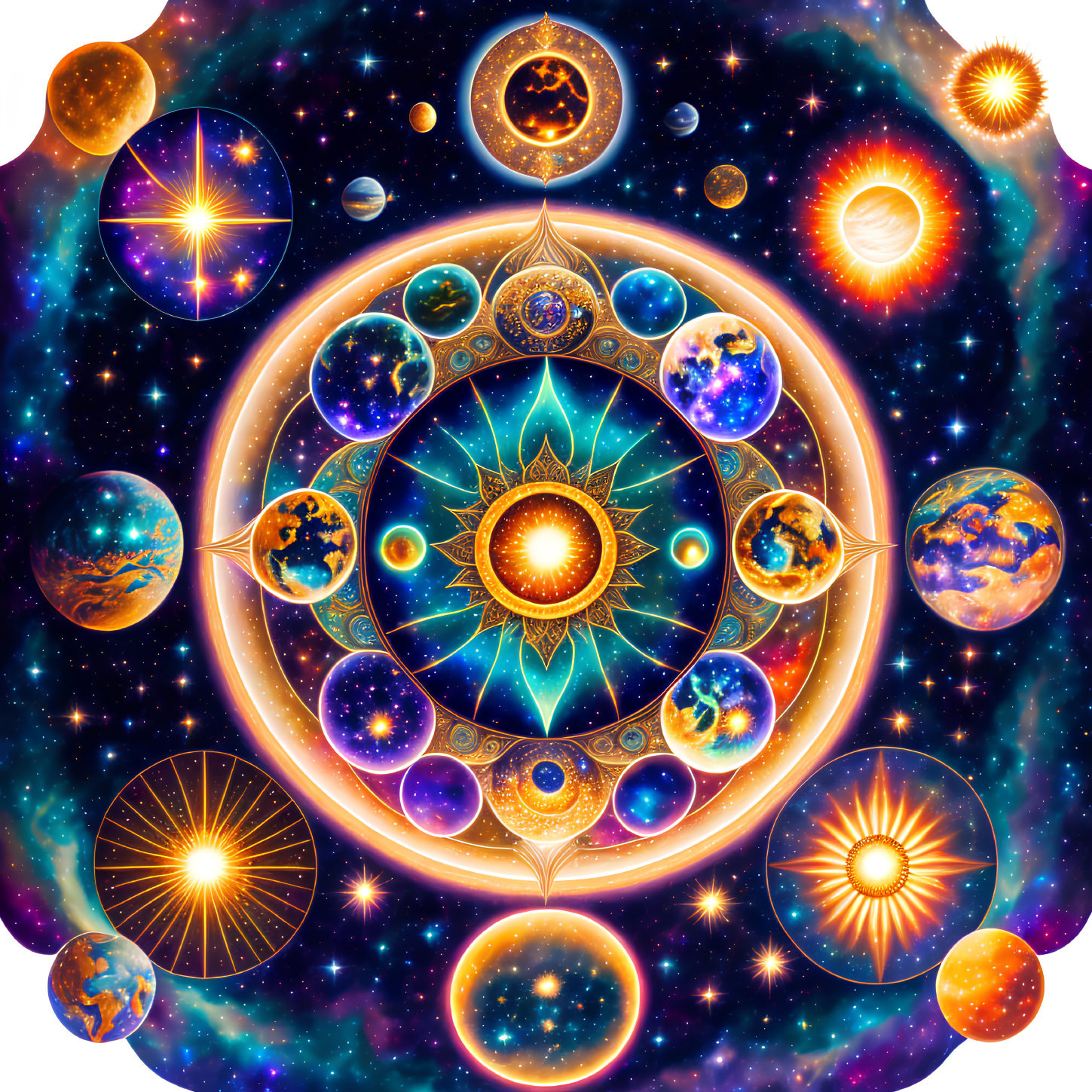 Colorful cosmic mandala surrounded by celestial bodies and stars on nebulous background